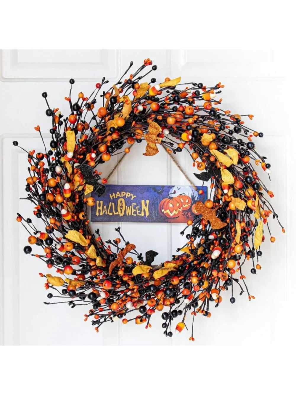 18-Inch Vintage Halloween Wreath - Black & Orange Berry Decor with Glitter Bat
